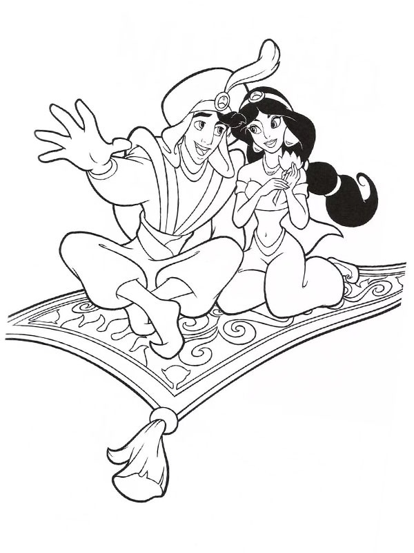 Halıdaki Aladdin ve Yasemin Boyama sayfası