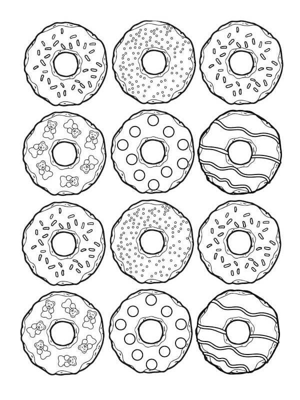 Çikolatalı ve çikolata parçacıklı donutlar Boyama sayfası